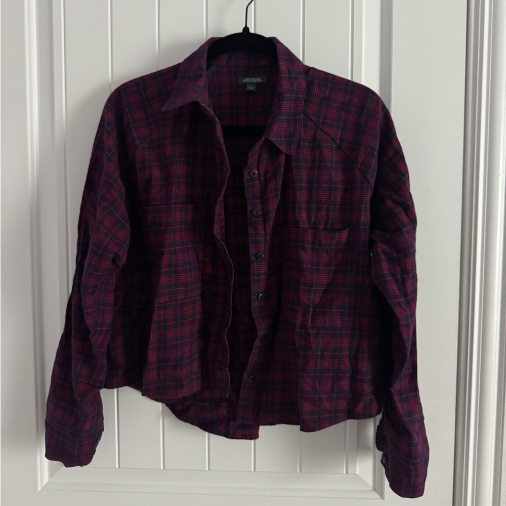 Wild Fable Casual Cropped Plaid Shirt - Dark Red and Blue